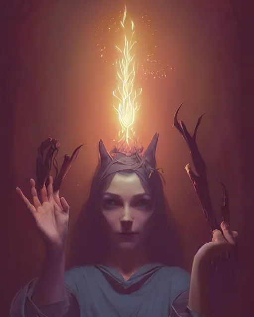 Image similar to highly detailed vfx portrait of a witch casting light magic, unreal engine, greg rutkowski, loish, rhads, beeple, makoto shinkai and lois van baarle, ilya kuvshinov, rossdraws, tom bagshaw, alphonse mucha, global illumination, detailed and intricate environment