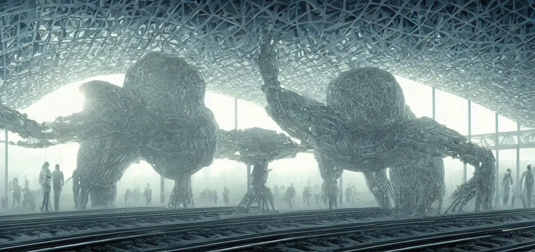 Image similar to a complex organic fractal 3 d metallic symbiotic ceramic humanoid megastructure creature in a train station, foggy, sun rays, cinematic shot, photo still from movie by denis villeneuve, wayne barlowe