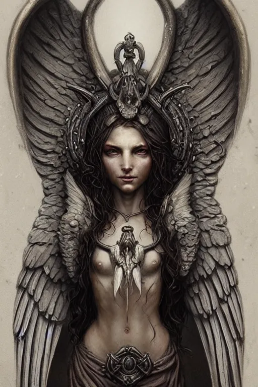 Prompt: a detailed full portrait angel with wings in stone, demonic, demon, symmetry, symmetrical, viking, by greg rutkowski and justin gerard, digital art, monstrous, art nouveau, baroque style, realistic painting, very detailed, fantasy, dnd, character design, top down lighting, trending on artstation