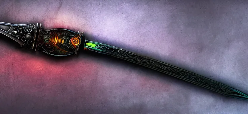 Prompt: legendary cybernetic sword lying flat on a glowing table with a long sharp black and iridescent sword blade, digital award winning hd matte painting, intimate dark moody, intricate, ornate spikes, colorful hilt, detailed realistic, raytraced blade, colored gems, future golden technological pommel, in the style of greg rutkowski and krenz cushart, deviantart
