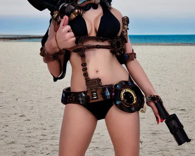 Prompt: modular steampunk bikini mechanism. princess leia wearing a modular steampunk bikini mechanism. photoshoot at the beach.