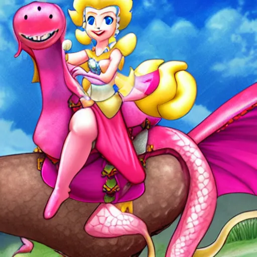 Prompt: Princess peach riding a dragon