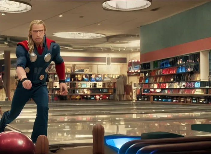 Image similar to film still of Thor working at the shoe counter in a bowling alley in the new Avengers movie, 4k