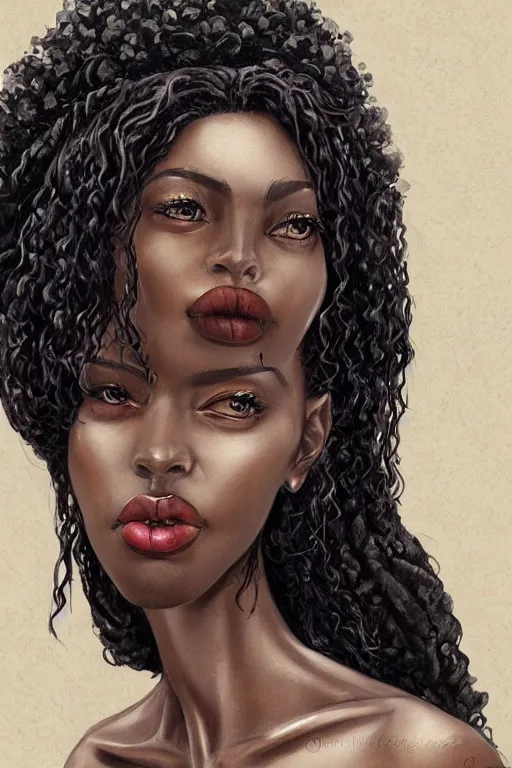 Image similar to A bust of a tall black skinned girl with large lips and smooth eyebrows and wavy hair, HD, illustration, epic, fantasy, intricate, elegant, amazing detail, digital painting, artstation, concept art, smooth, sharp focus, illustration, art by Turine Tran