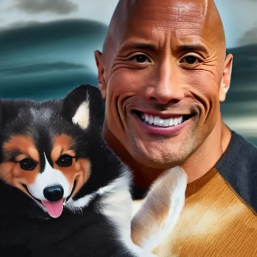 Image similar to photo of dwayne johnson riding a giant corgi, highly - detailed, sharp focus, award - winning