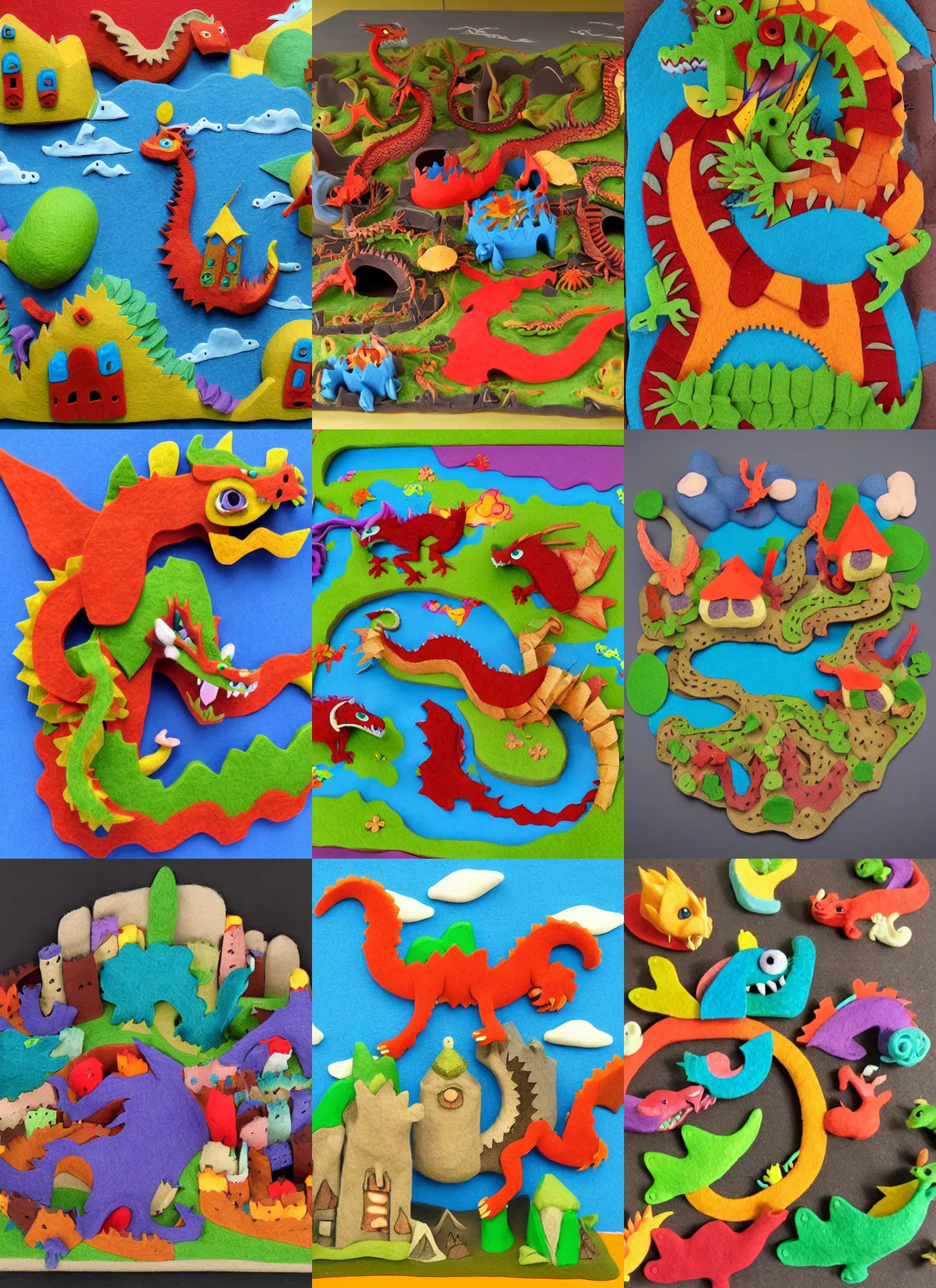 Prompt: 2 d felt dragon attacking a 3 dimensional village made of clay, colorful, vibrant, childlike, creative