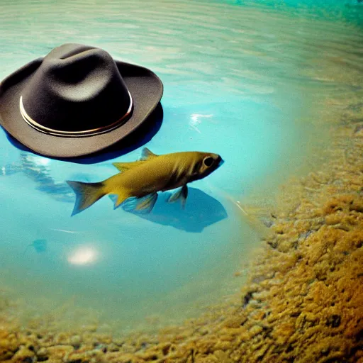 Prompt: photograph of a cute fish wearing a cowboy hat, underwater photograph, clear image, 4 k resolution, award winning, blue water