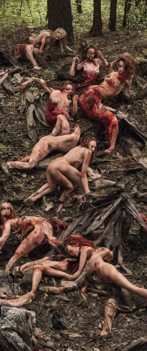 Image similar to and 8 k uhd photo of some witches in the woods with skin and muscle and blood dancing and crawling around a fire pit