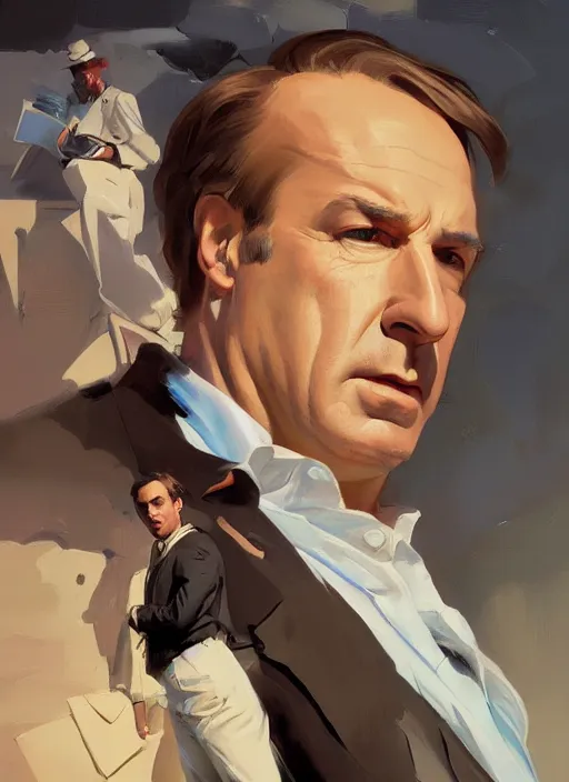 Image similar to portrait of saul goodman, medium closeup, lawyer clothing, painting by sargent and leyendecker, asymmetrical, intricate, elegant, matte painting, illustration,, by rhads, by greg rutkowski, by greg tocchini, by james gilleard, by joe fenton