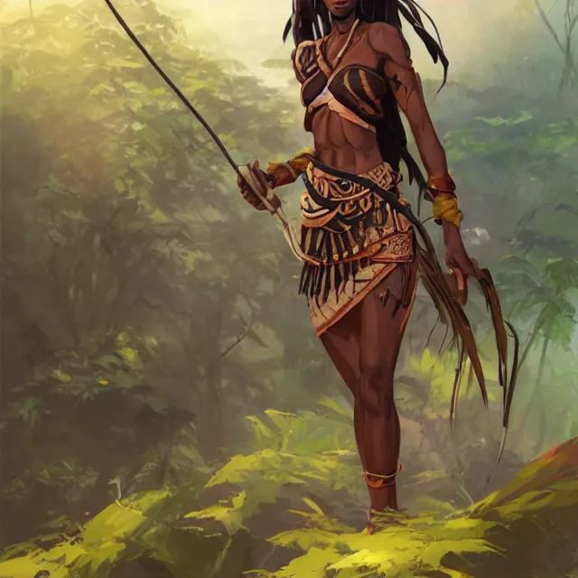 a female tribal warrior in the jungle, african. By | Stable Diffusion