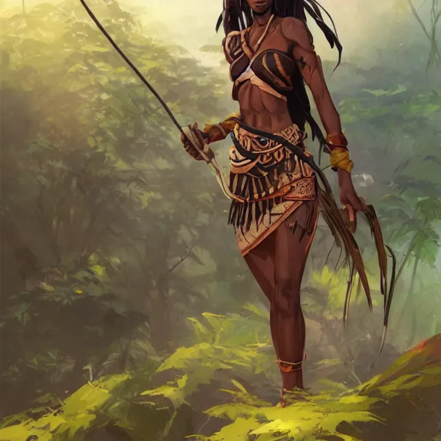 Prompt: a female tribal warrior in the jungle, african. By Makoto Shinkai, Stanley Artgerm Lau, WLOP, Rossdraws, James Jean, Andrei Riabovitchev, Marc Simonetti, krenz cushart, Sakimichan, trending on ArtStation, digital art.