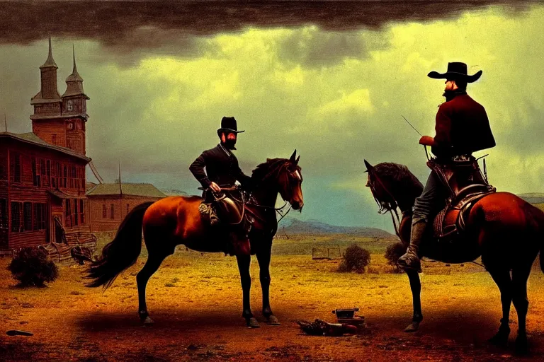 Prompt: an extremely detailed masterpiece photograph of a 1 8 9 0's gunslinger on his horse overlooking an old town, in the style of frederic remington, epic scene, extremely moody lighting, cinematic, 8 k