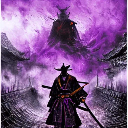 Image similar to a samurai standing in the purple abyss, rot, blood, dark, bloodborne, night, hopeless, highly detailed, intricate background