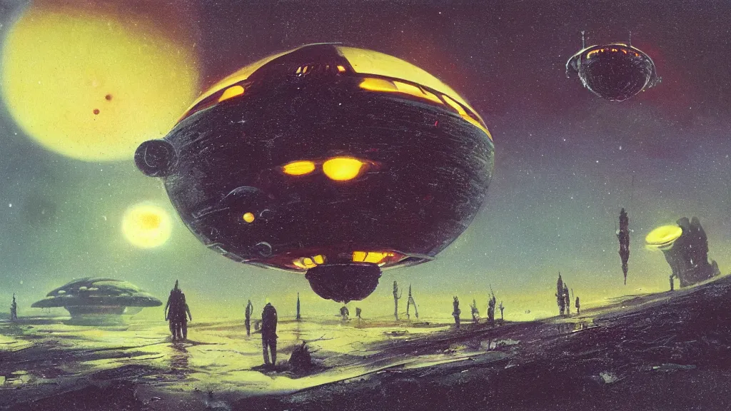 Image similar to eerie atmospheric alien planet with a small dropship pod landing by paul lehr and jack gaughan and john schoenherr, epic cinematic matte painting