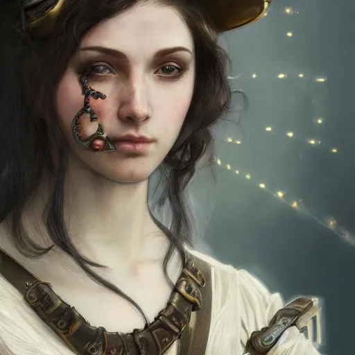 Prompt: portrait of a young female steampunk fighter, headshot, hyper realistic, pale skin, 4k, rule of thirds, extreme detail, detailed drawing, trending artstation, hd, fantasy, D&D, realistic lighting, by Alphonse Mucha, Greg Rutkowski, sharp focus, backlit, elegant