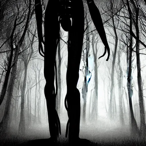 Image similar to ultra realisic creepy long leg monster in a dark forest at midnight