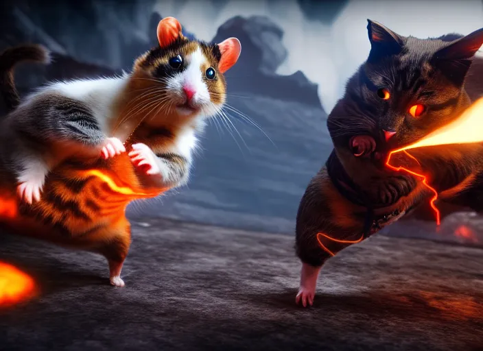 Image similar to hamster fights a cat in mortal kombat at a volcano with shao khan cheering in the background. fantasy magic style. highly detailed 8 k. intricate. lifelike. soft light. sony a 7 r iv 5 5 mm. unreal engine with nanite and path tracing