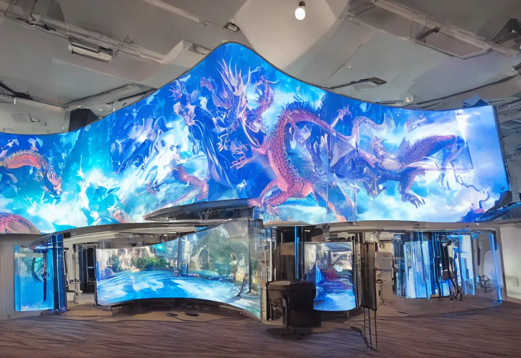 Prompt: curved transparent 3 d videoscreens with dragon, volumetric lighting, bedroom, visor, users, pair of keycards on table, bokeh, creterion collection, shot on 7 0 mm, instax