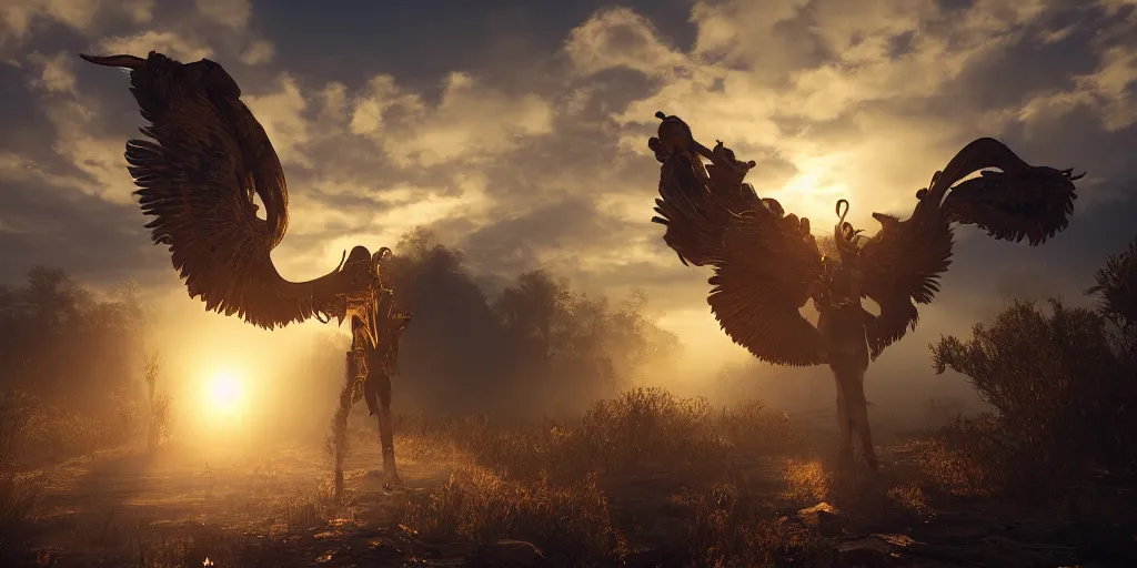 Image similar to bird wings, gold ram horns, copper goat skulls, grand imposing powerful sculpture. swirls of mist. sunrise, intense light beams, lens flare. occult photorealism, uhd, amazing depth, volumetric lighting, cinematic lighting. epic landscape.