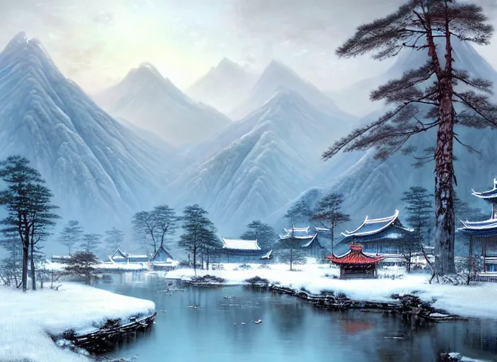 Image similar to beautiful chinese forest and a alaskan tundra snow covered landscape, with a quant village peaceful painted by greg rutkowski, makati shinkai, james gurney, wlop