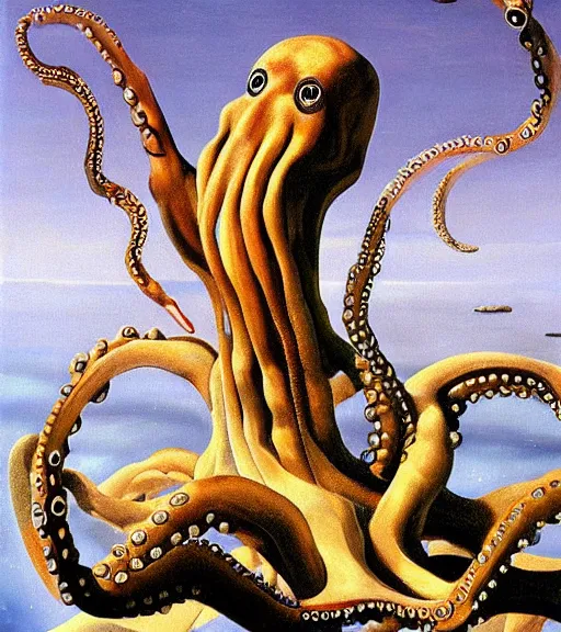 Prompt: a cybernetic realistic octopus giving a lecture at 9pm in Cap de Creus, detailed oil painting by Salvador Dali