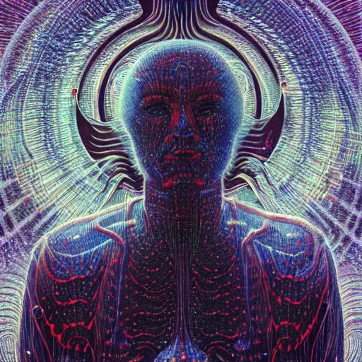 Image similar to an exhausted deity, contemplating existence, beyond the known universe, fine art, bokeh, omnidimensional, ocd, electroluminescent wire by wayne barlowe + jack davis + alex grey