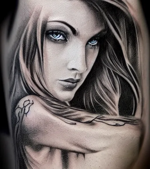 Image similar to tattoo design sketch of a beautiful blue - eyed woman face with a faded background of beautiful mountains and nature on her side, hyper - realistic, in the style of den yakovlev, amazing detail, black and white