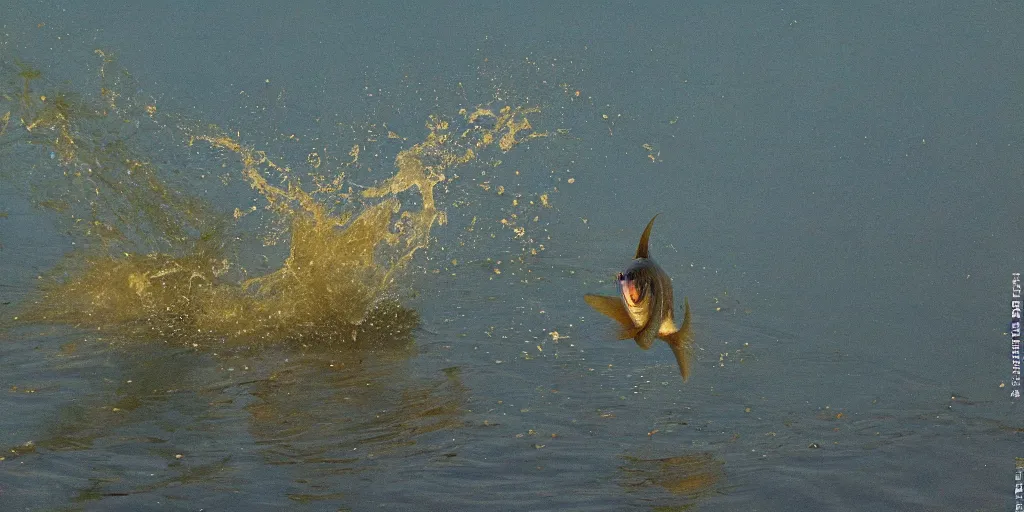 Image similar to a fish jumping out of a beautiful lake with great nature around it, and waves in the water, akria toyama