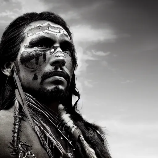 Prompt: portrait of a native american warrior, black paint on face, drawn by ruan jia, fantasy art, red dead redemption, django, cliffs background, weird west, deadlands, dramatic lighting, digital art, 8 k, extremely detailed