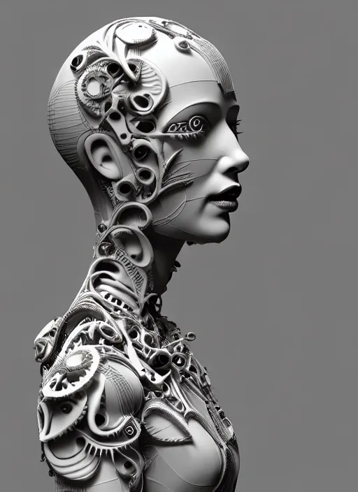 Image similar to monochrome 3 d model, biomechanical young female cyborg with porcelain profile face and a big floral eye, volumetric light, big leaves foliage and stems, hibiscus flowers, boho floral vines, sinuous fine roots, fine foliage lace, alexander mcqueen, rim light, art nouveau fashion pearl embroidered collar, steampunk, octane render, 8 k