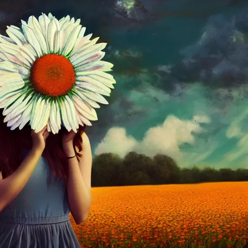 Image similar to giant daisy flower head, portrait of girl in flower field, holding daisy, surreal photography, sunrise, impressionist painting, colorful clouds, digital painting, artstation, simon stalenhag, flower face