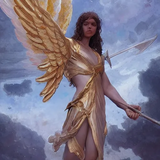 Prompt: angelic humanoid with wings on its back and an upside-down marble head holding a golden spear, digital art, by Fernanda Suarez and and Edgar Maxence and greg rutkowski