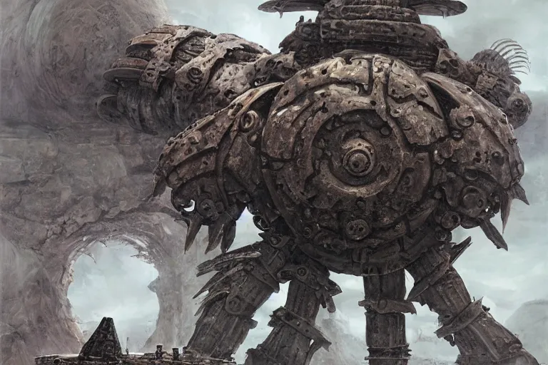 Prompt: giant armored ashigaru beetle war construct golem, glowing gnostic brian froud markings, rotating scythe blades, magic and steam - punk inspired, in an ancient stone circle on a plateau in a blizzard, kanji markings, concept painting by jessica rossier, hr giger, john berkey