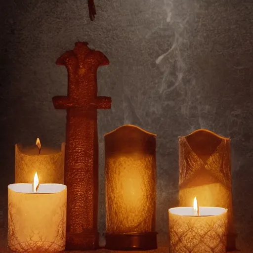 Image similar to kinghts templar in a medieval castle, diffused light candles, mystical