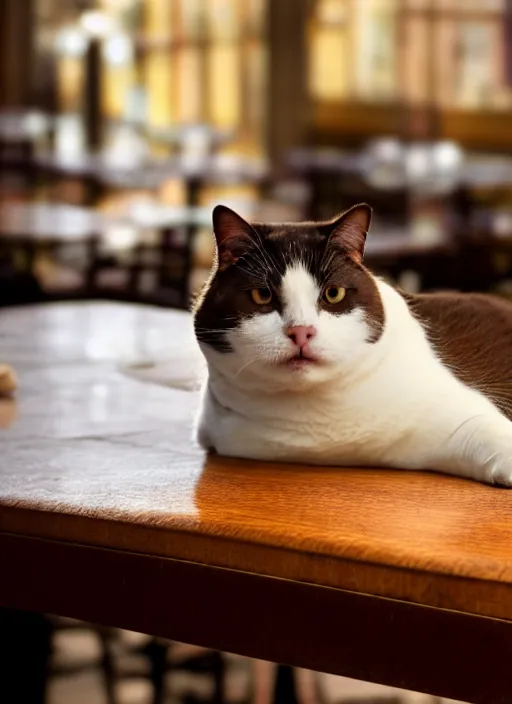 Image similar to photograph of a fat cat lying on a restaurant table 4k, high details, trending on Artstation