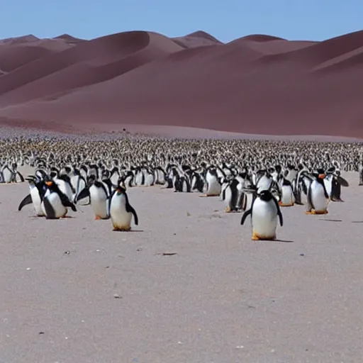 Prompt: super mad penguins with extreme anger in the sahara desert, escaping from the super hot sun
