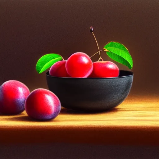 Prompt: drawing of a single bowl filled with a few moist freshly picked plums on a wooden table. painting, illustration, volumetric lighting, detailed, small scale, art, trending on artstation.
