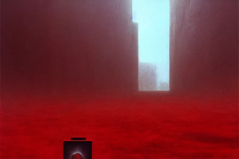 Image similar to only with red, a red god of death eat apple, a futuristic city on mars in background, an ancient path, pathos, in the style of beksinski, part by hopper, part by rodcenko, part by hofbauer, intricate composition, red by caravaggio, insanely quality, highly detailed, masterpiece, red light, artstation