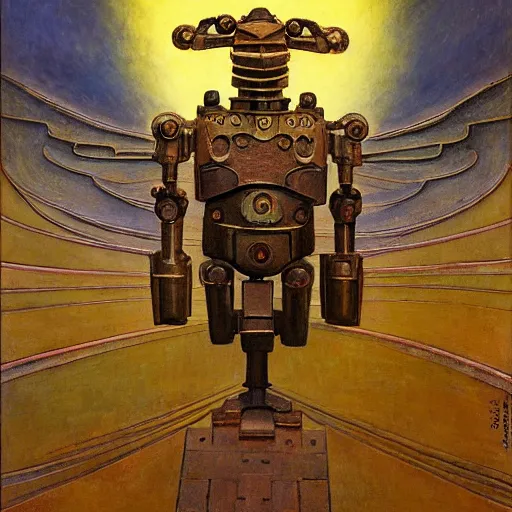 Image similar to sculpture of an ornate robot bird, by annie swynnerton and diego rivera and nicholas roerich and jean delville, symbolist, dramatic lighting, god rays, art brut, rich colors, smooth, sharp focus, extremely detailed, adolf wolfli, by janet fish and ( donato giancola and bilibin )