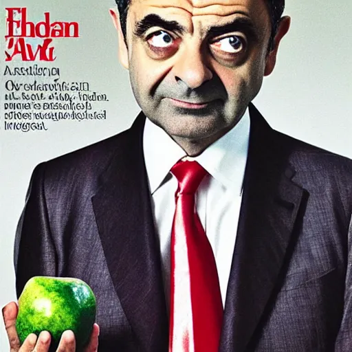 Image similar to vogue photoshoot of rowan atkinson wearing fruit