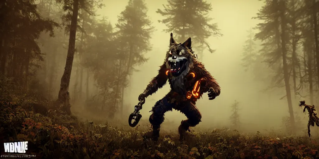 Image similar to woodsman wearing a steampunk and neonpunk mechanical fluorescent mystical animal mask in strange misty rocky landscape fight with werewolf, night, realism in style of fornite game, 4 k, octane render, award winning photograph, epic cinematic shot, perfectly defined features, ambient occlusion