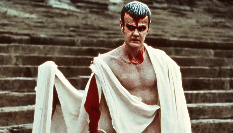 Prompt: 1 9 6 0 s movie still close - up of caligula in a white toga dead on the ancient amphitheater's stairs, cinestill 8 0 0 t 3 5 mm, high quality, heavy grain, high detail, dramatic light, anamorphic, blood