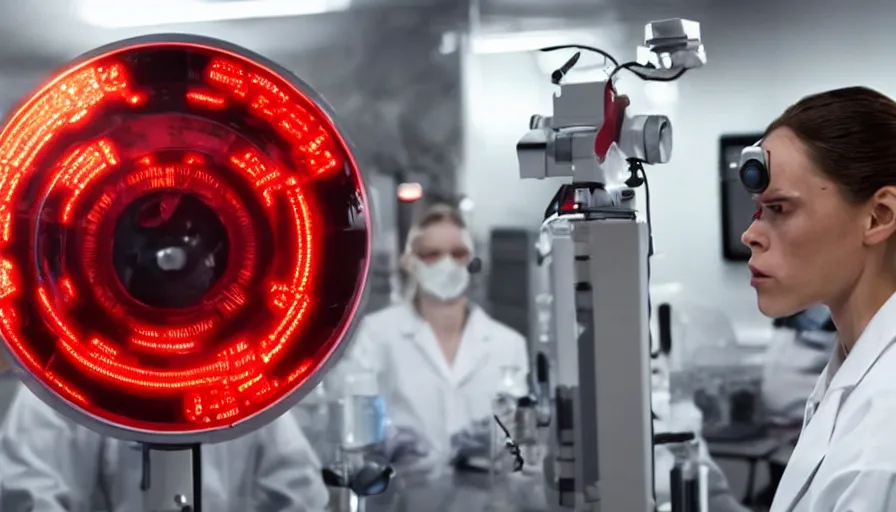 Prompt: big budget action movie in a science lab where a red light is flashing, there's an evil cyborg.