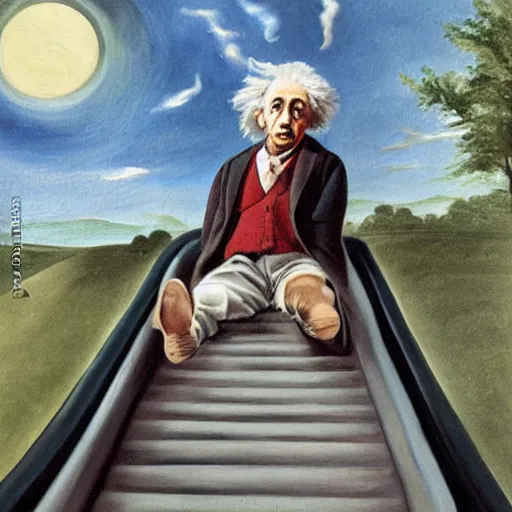 Prompt: painting of albert einstein going down a large slide in a public park with many children, by caspar david