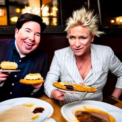 Image similar to portait of michael mcintyre and middle aged blonde woman with short hair and a blonde woman with long hair having dessert at sunday in brooklyn restaurant