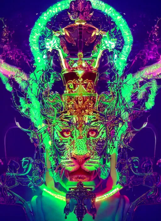 Image similar to photo of baroque and bladerunner delicate neon emerald sculpture of seductive prince nick jonas tigers orange iridescent humanoid deity wearing metallic jungle leaves holding the sun prismatic dungeon, glowing rainbow face, crown of white diamonds, cinematic lighting, photorealistic, octane render 8 k depth of field 3 d