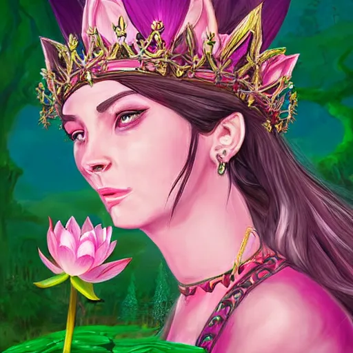 Image similar to pink lotus flower queen wearing pink floral lotus crown, hearthstone art style, epic fantasy style art, fantasy epic digital art, epic fantasy card game art