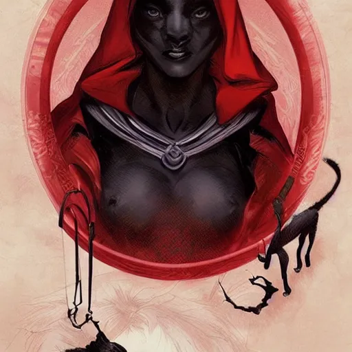 Image similar to Beautiful Portrait of Little Red Riding Hood with a black panther, intricate, wild, highly detailed, digital painting, artstation, concept art, smooth, sharp focus, illustration, art by artgerm and greg rutkowski and alphonse mucha, footage from space camera