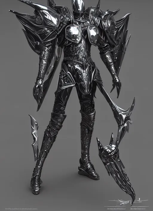 Image similar to full body digital painting of a futuristic dark king seraphim knight, in a pearl armor magicpunk chrome body sculpted intricate armor. big medium small details, reflect 8 k uhd, unreal engine, octane render in the artstyle of finnian macmanus, john park and greg rutkowski