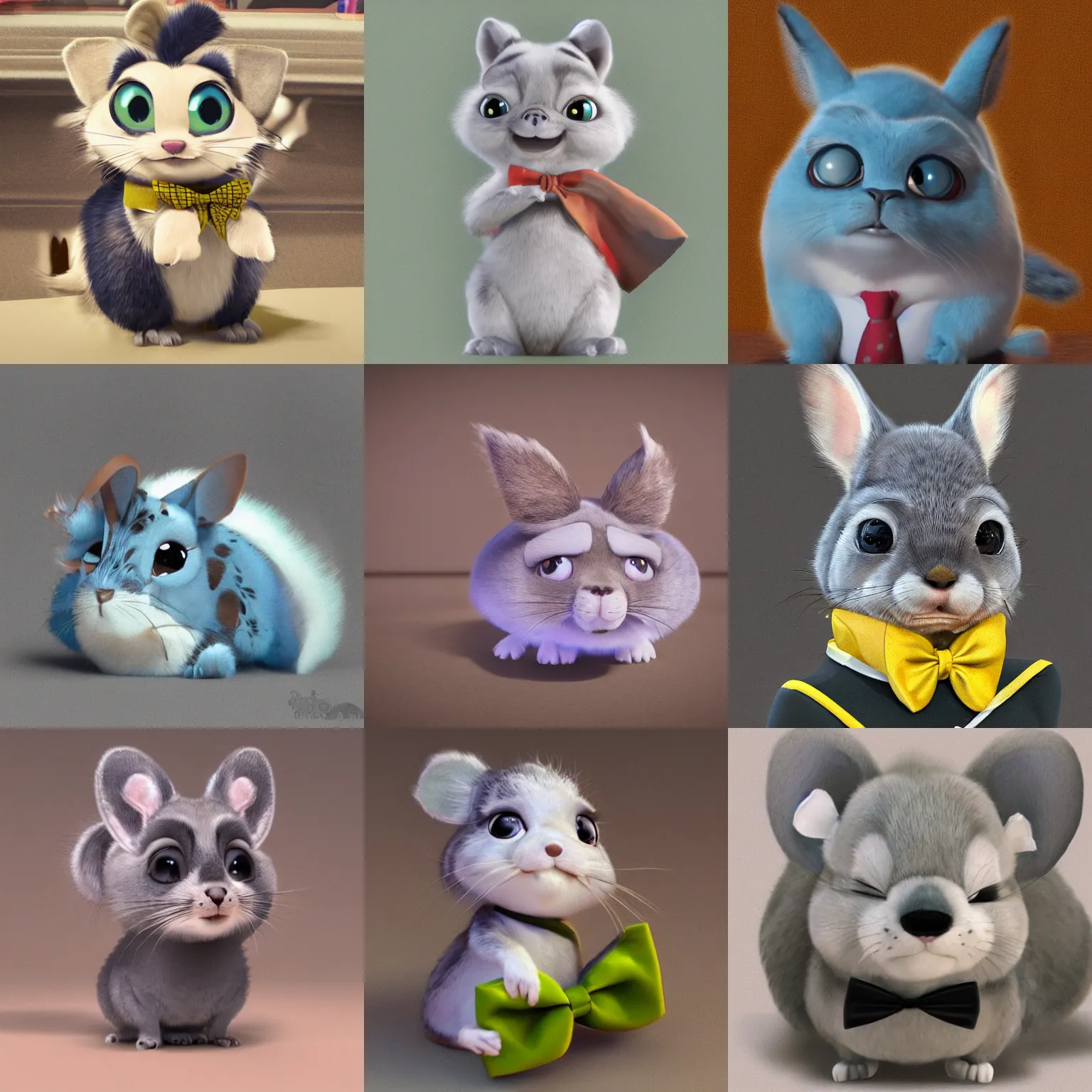 Prompt: very cute disney pixar chinchilla wearing a bow tie, detailed fur, concept artwork, 3 d render official art, zootopia, cartoony, adorable design, disney disney, large eyes, whiskers hq, artstationhd